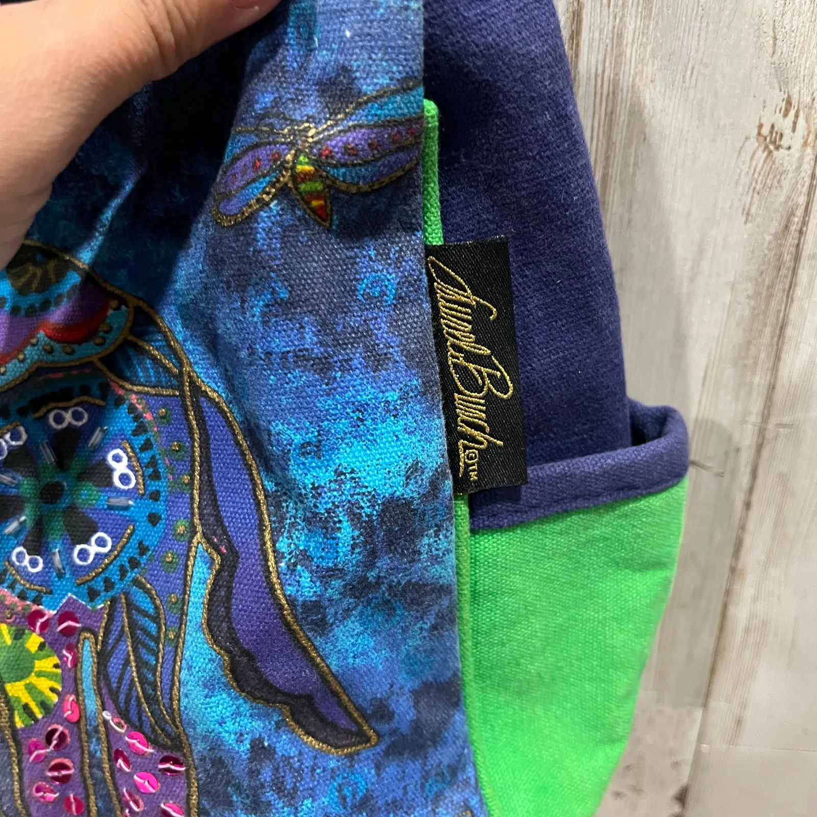 Laurel Burch Purse Shoulder Bag Colorful Vibrant Blue Dogs Sequins Canvas Tote - Image 3