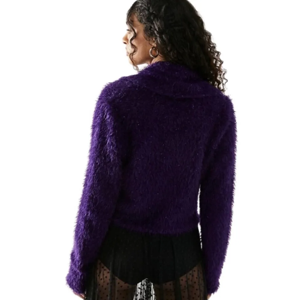 Free People Mina Cardigan Eyelash Knit Cropped Sweater in Purple, Size XS, NWT - Image 2