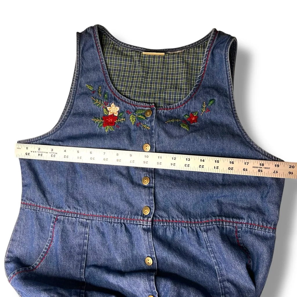 Vtg 90s Embroidered Denim Jumper Dress Sz M Maxi Button Up Modest Cottagecore Blue Size M - Image 7