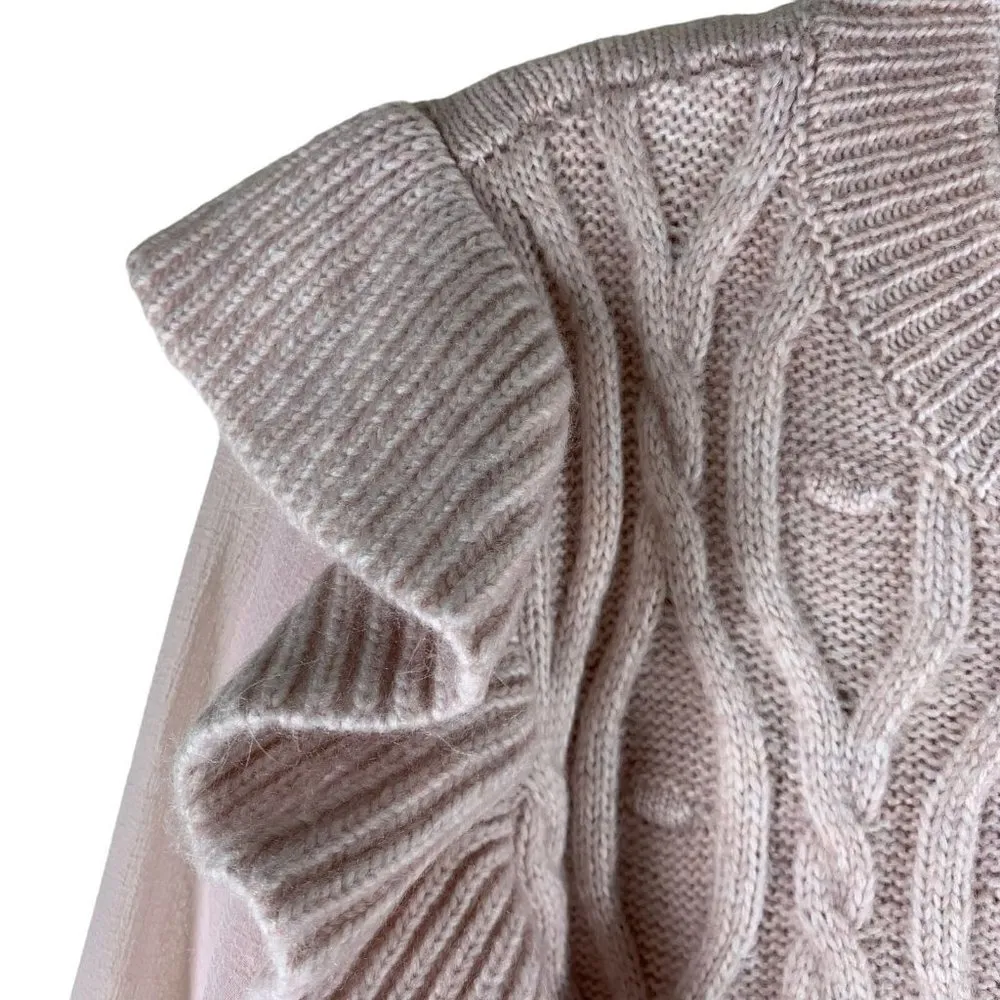 NEW Design History Pink Smoke Cable Knit Ruffle Sheer Sleeve Sweater Size Medium - Image 3