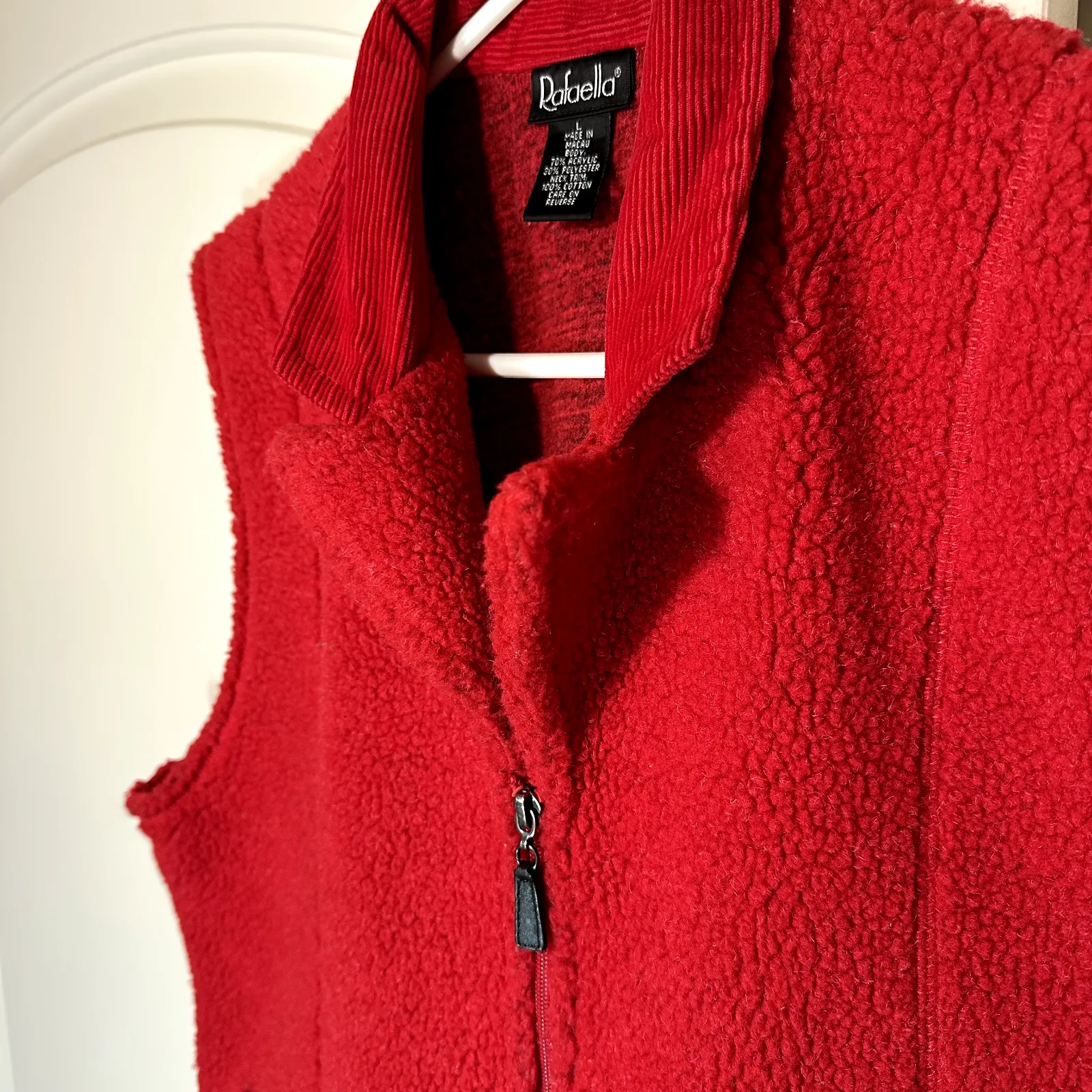 Vintage Rafaella Bright Red Sherpa Corduroy Collar Vest Pockets Womens Large‎ - Image 3