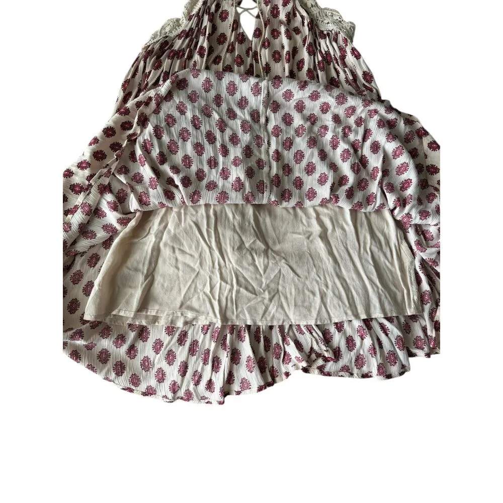 Illa Illa Boho Lace Crochet Strap Tunic Top S Cream Red Floral Crinkle Tank - Image 7
