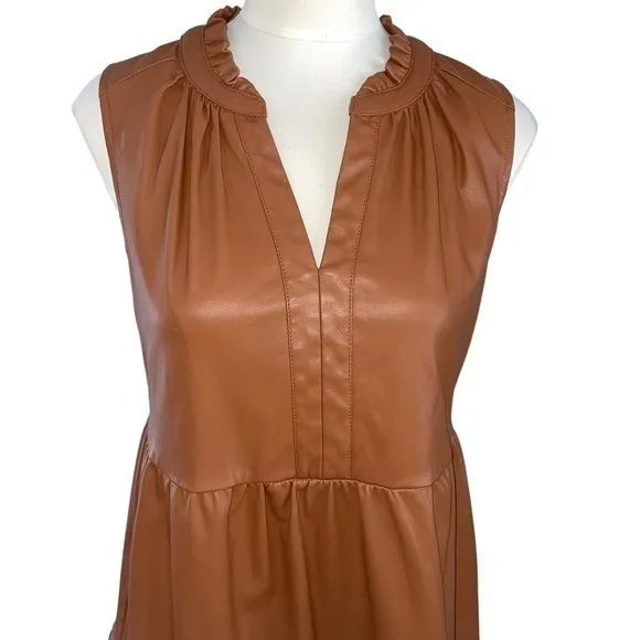 Skies Are Blue Faux Leather Tiered Dress | Cognac Brown | Size Medium - Image 5