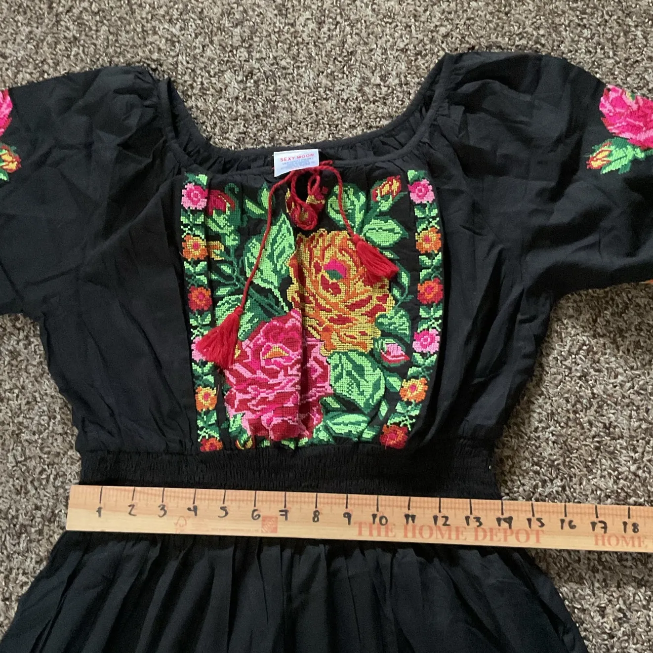 Mexican Embroidered Black Dress Floral Cotton Midi Size M - Image 9