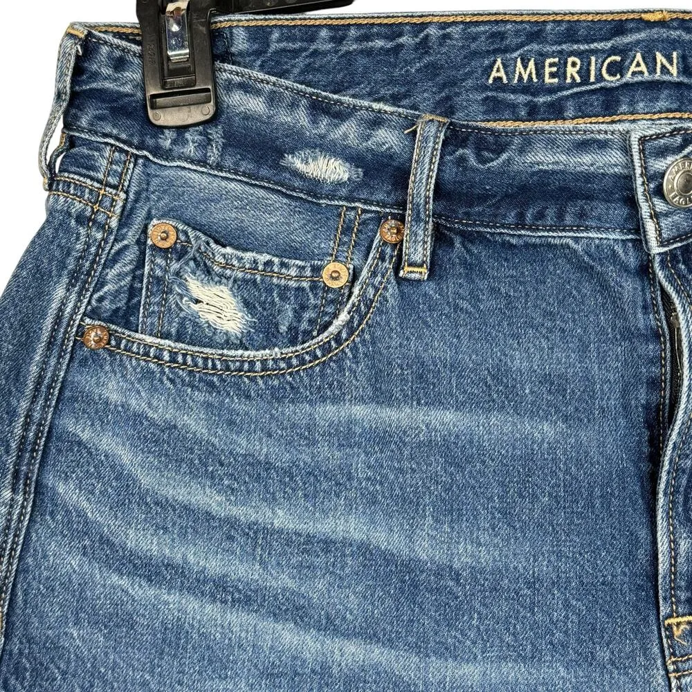 American Eagle SZ 10 Tomgirl Jean Shorts Distressed Cuffed Hi-Rise Zip-Fly Blue - Image 2