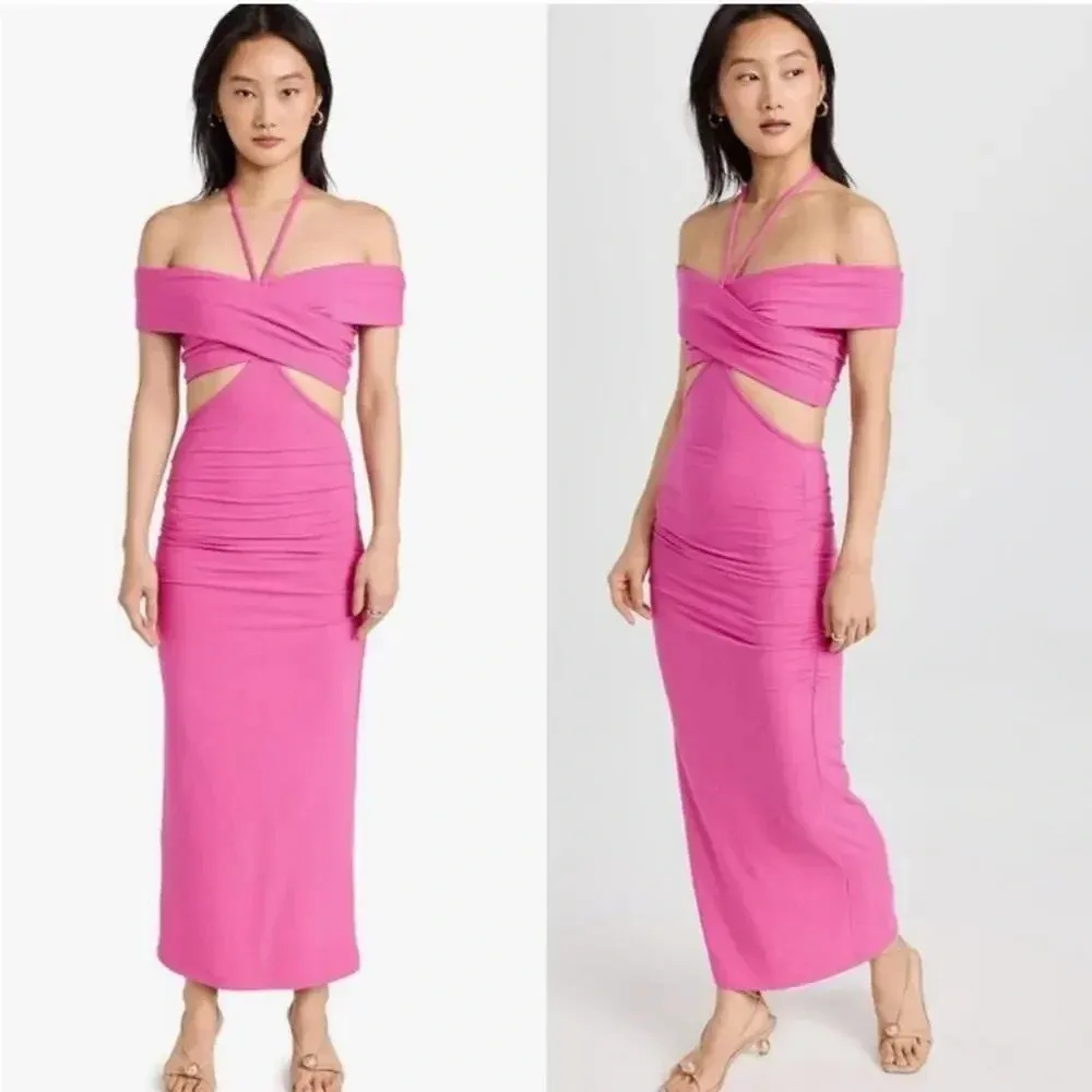 JONATHAN SIMKHAI NWT Akane Shaping Rib Off Shoulder Cutout Halter Tie Dr…‎ Pink - Image 2