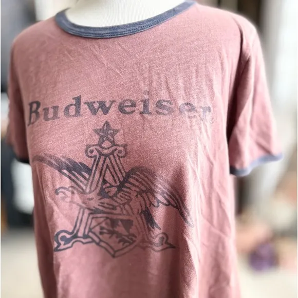 Lucky Brand Burgundy Budweiser Ringer TShirt Large - Image 2