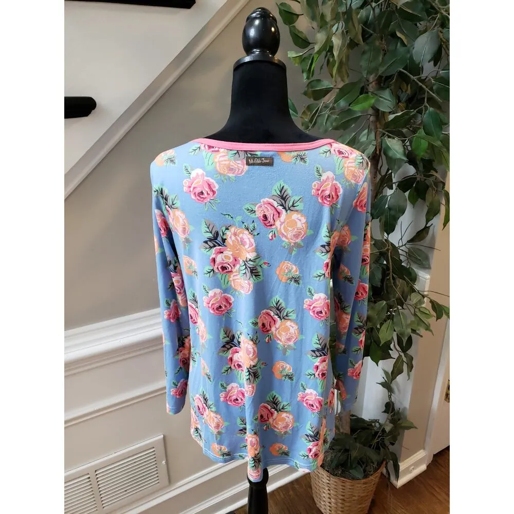 Matilda Jane Top Women M Blue Striped Floral Long Sleeve Cotton Casual Tunic Tee - Image 10
