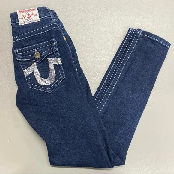 True Religion Jeans Dark Wash Skinny Denim Joey Sequin Logo Pockets Size 25 - Image 2