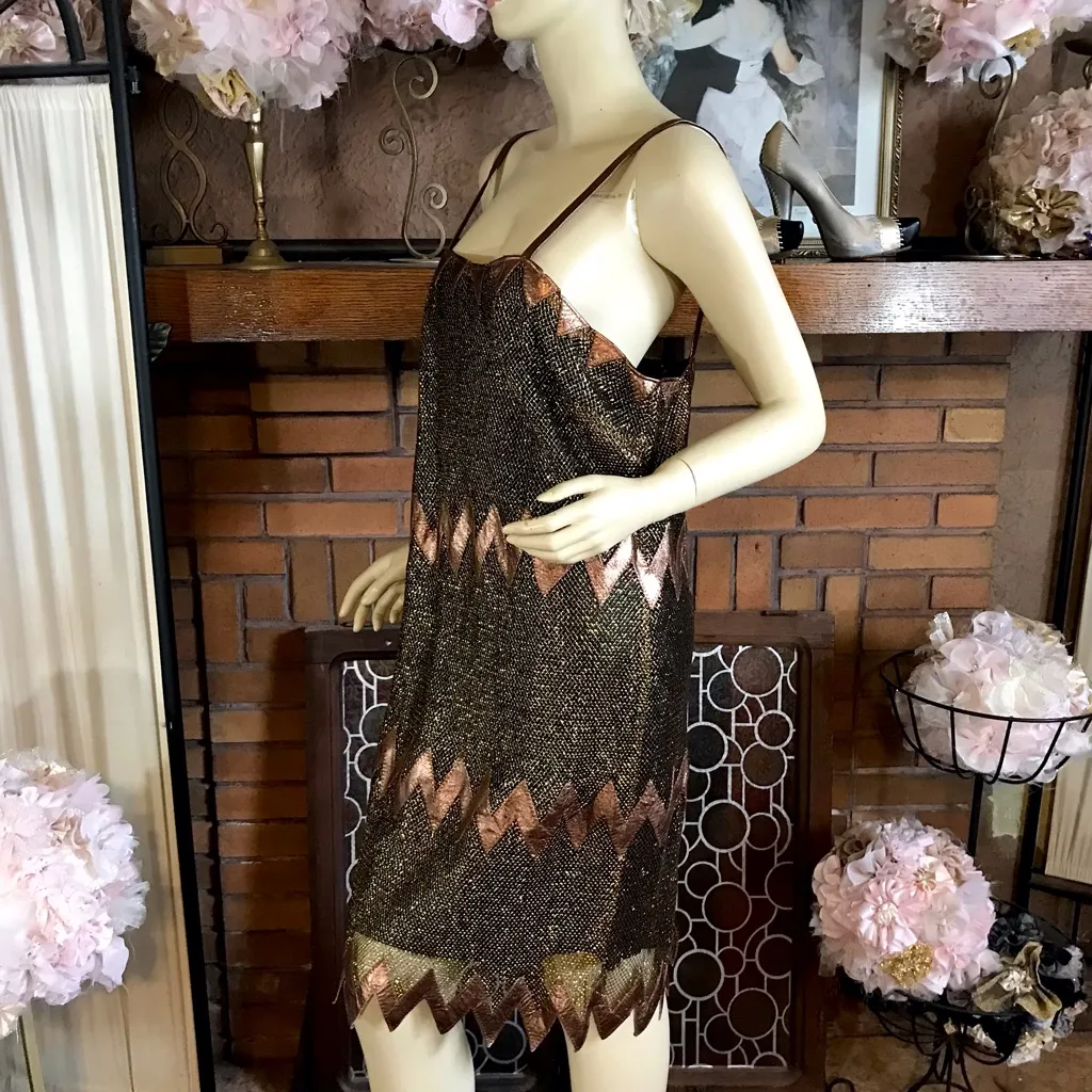 VINTAGE 1980'S KANAR LEATHER AND MESH SHARK BITE HEM COCKTAIL DRESS & JACKET (M) Brown Size M - Image 9