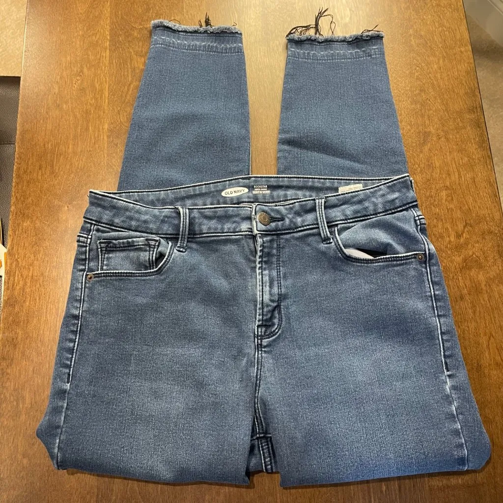 Old Navy Rockstar‎ Super Skinny Jeans Women's Size 12 Raw Hem Built In Warm Blue - Image 6
