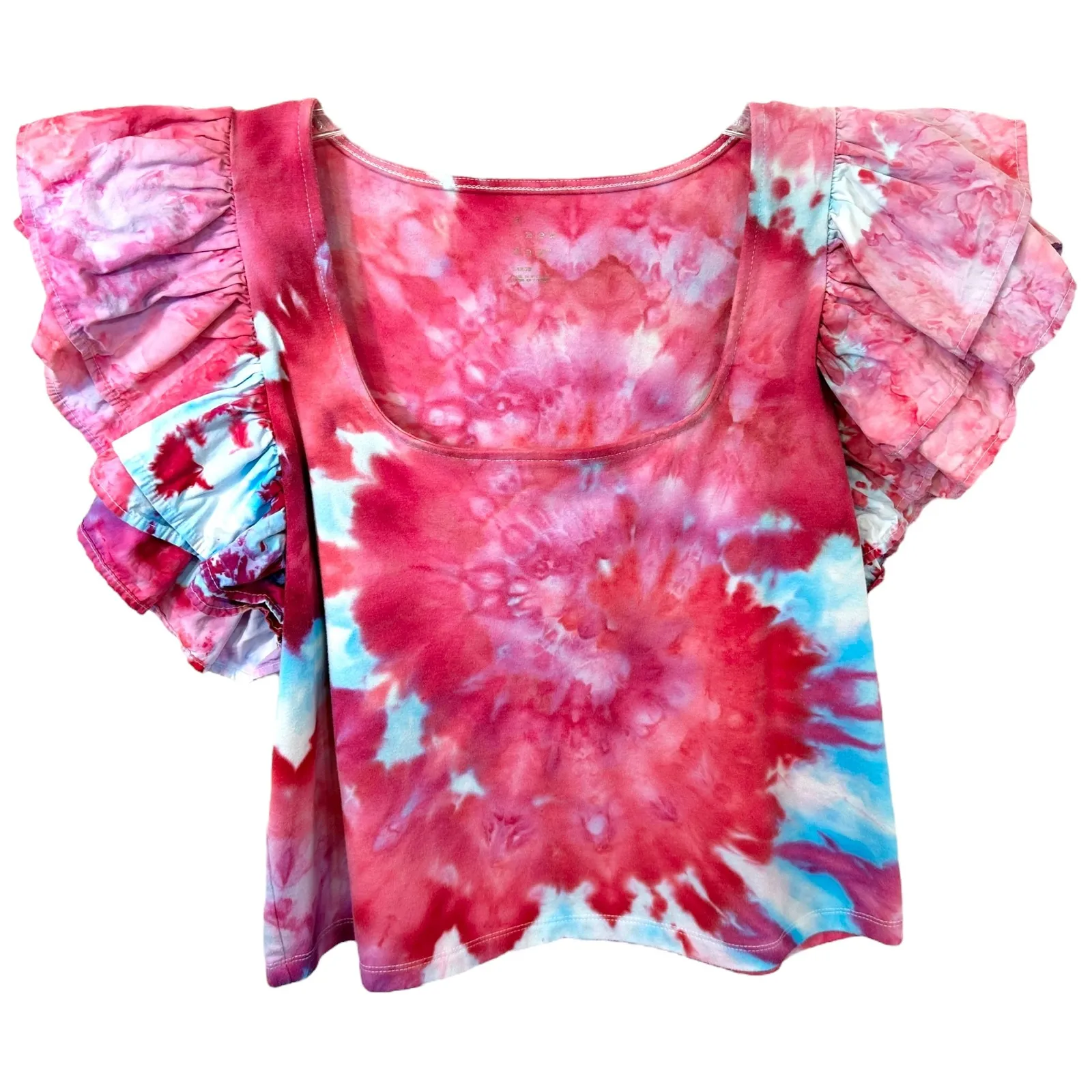 A New Day Large Top Handmade Tie Dye Ruffle Sleeve‎ Crop Pink Blue Artsy 1743 - Image 2