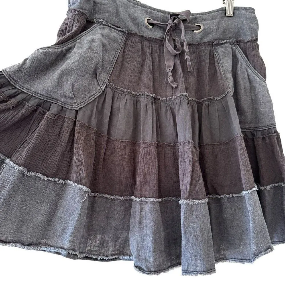 Free People Bohemian Festival Tiered Drawstring Pleated Color Block Skirt SZ L - Image 5