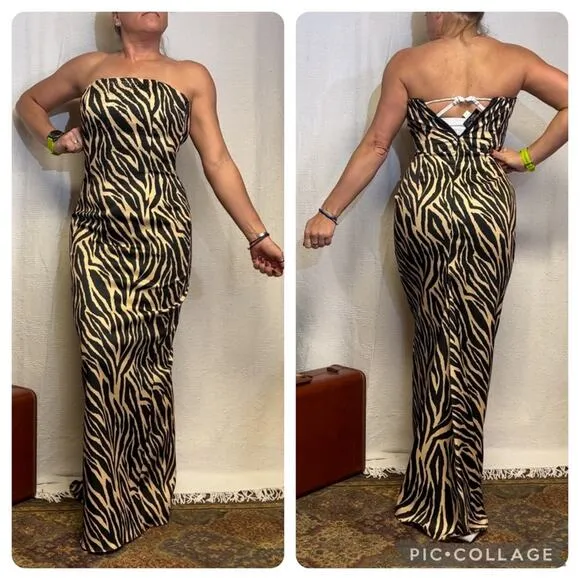 90s Y2K Jessica McClintock Zebra strapless rhinestone fit flare prom dress - Image 3