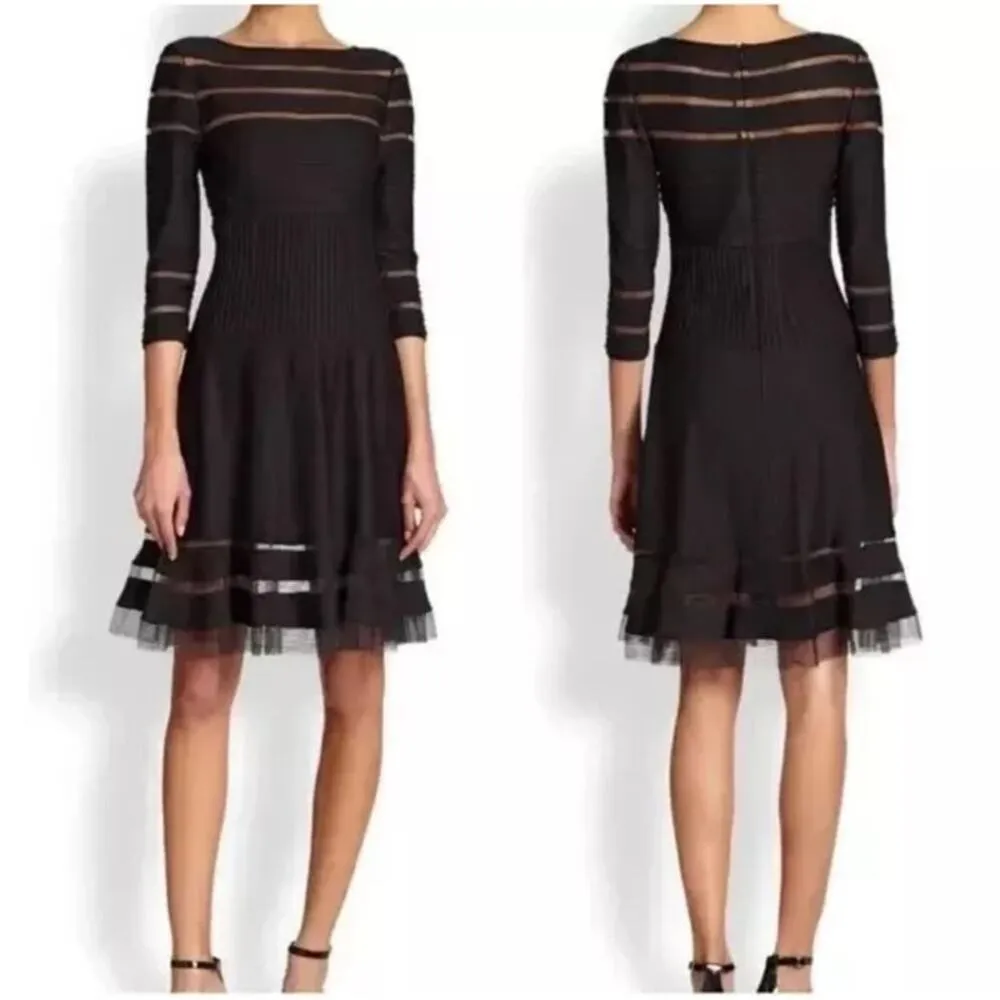 TADASHI SHOJI Pintuck Jersey Cutout Mesh Stripe Short Sleeve Dress - Blue - S - Image 6