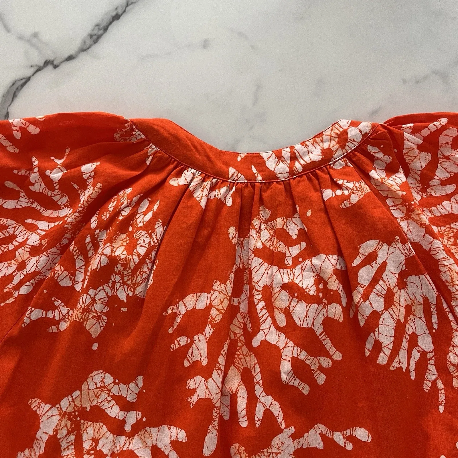 Karen Kane cotton mini dress puff sleeve Coral print sz Small Coastal Boho Chic - Image 11