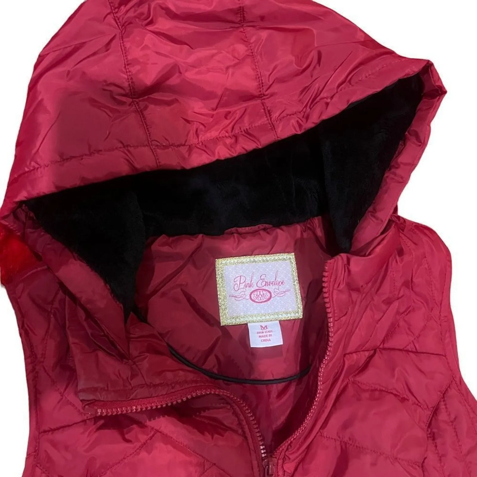 Pink Envelope Women's Hooded Quilted Puffer Vest Red Full Zip Pockets Medium - Image 4