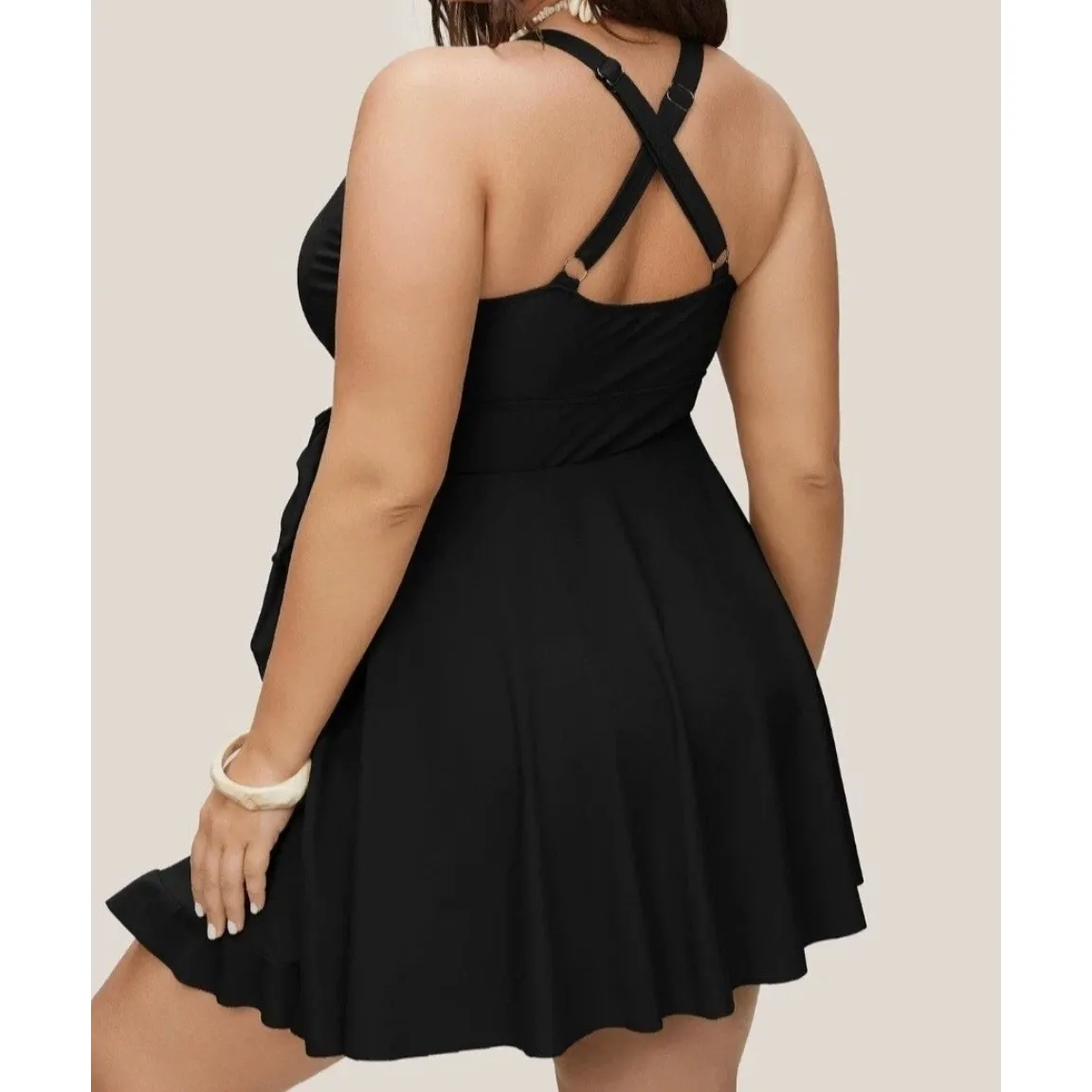 NWT Bloomchic 12 Black Plain Ties Wrap Flutters Swim Dress One Piece Swimsuit - Image 2