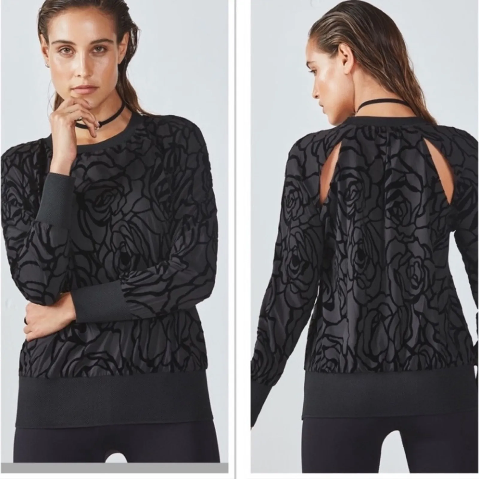 Fabletics Lola Back at it‎ Black Rose Print Flock Long Sleeve Top Size M - Image 2