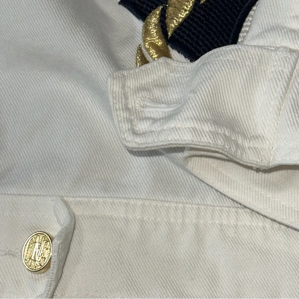 Escada Vintage L White Denim Gold Embroidered Stars Life Preserver Jean Jacket Size L - Image 11