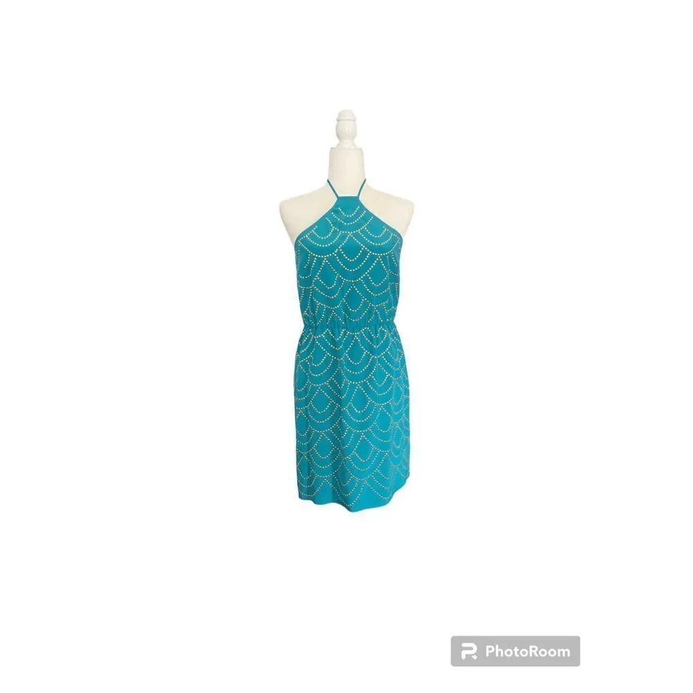 Trina Turk Silk Turquoise Gold Studded Halter Dress Size 6 - Image 2
