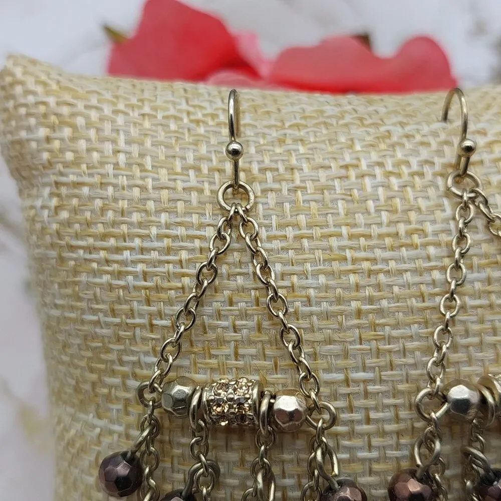 Gold Tone Chain Dangle Drop Chandelier Earrings Beaded Crystal Accents 2.5" - Image 4