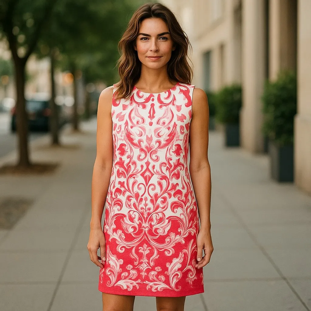 Lauren Ralph Lauren Womens Dress Sz 12 Coral White Tank Baroque‎ Pattern - Image 2