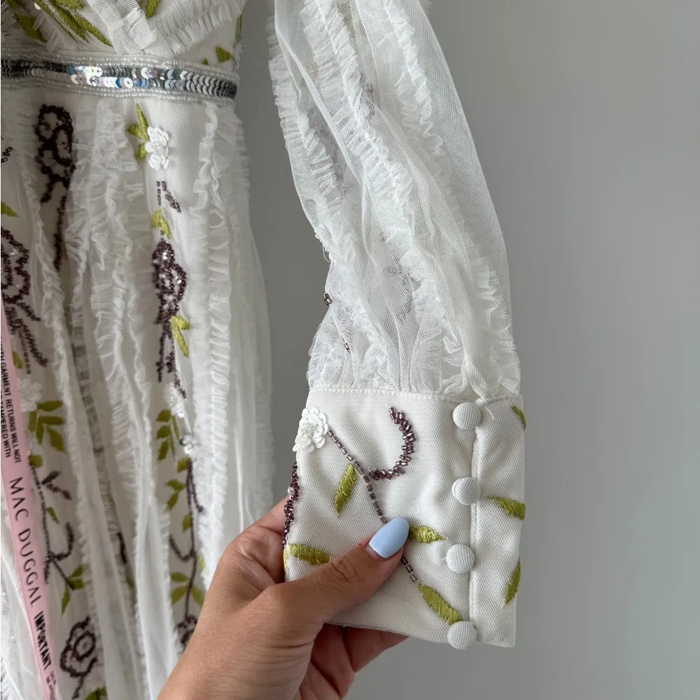 MAC DUGGAL NEW White Long Sleeve Embroidered Wrap Midi Dress 8 - Image 9