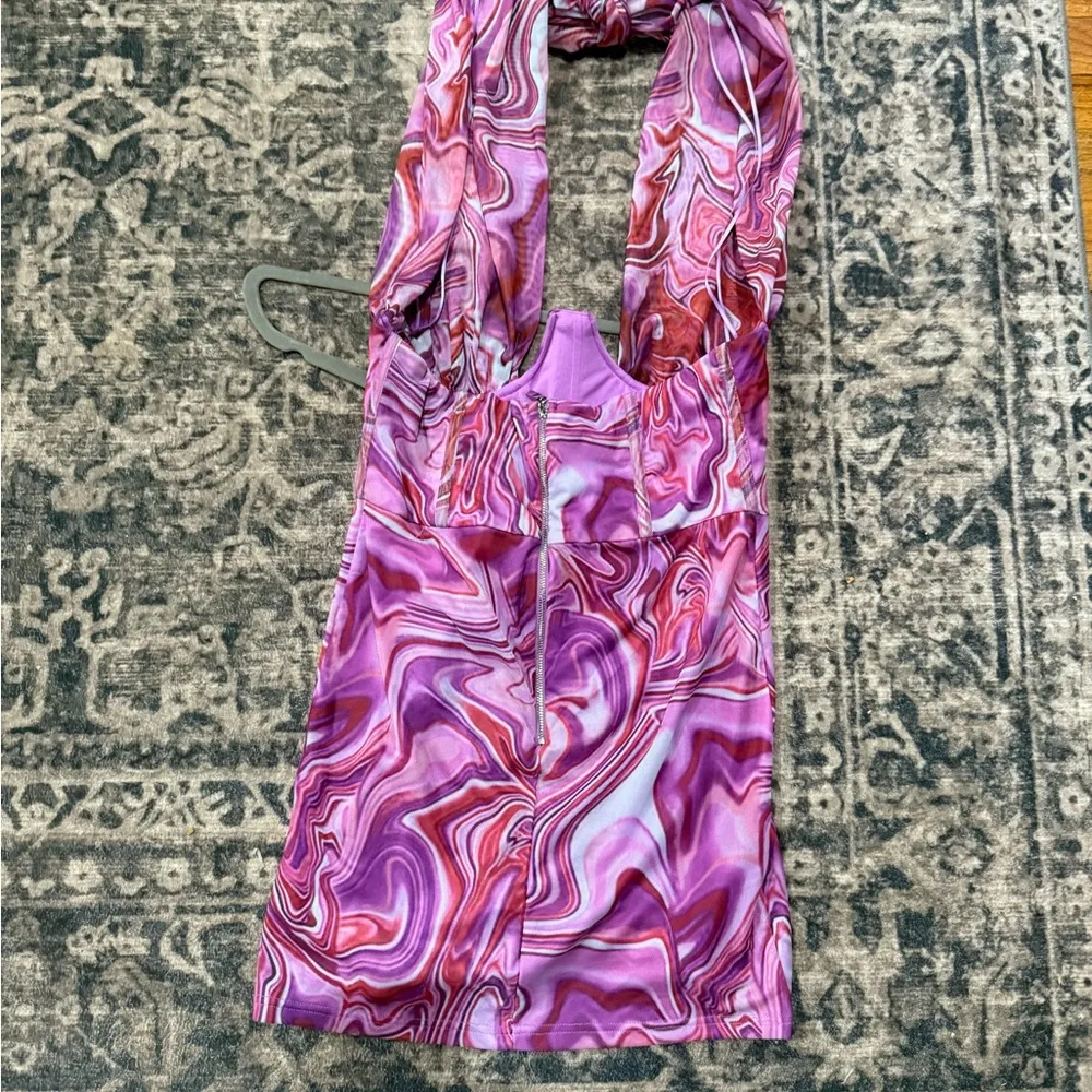 Bardot Pink Swirl crisscross top tie in the back Mini Dress size xl - Image 7