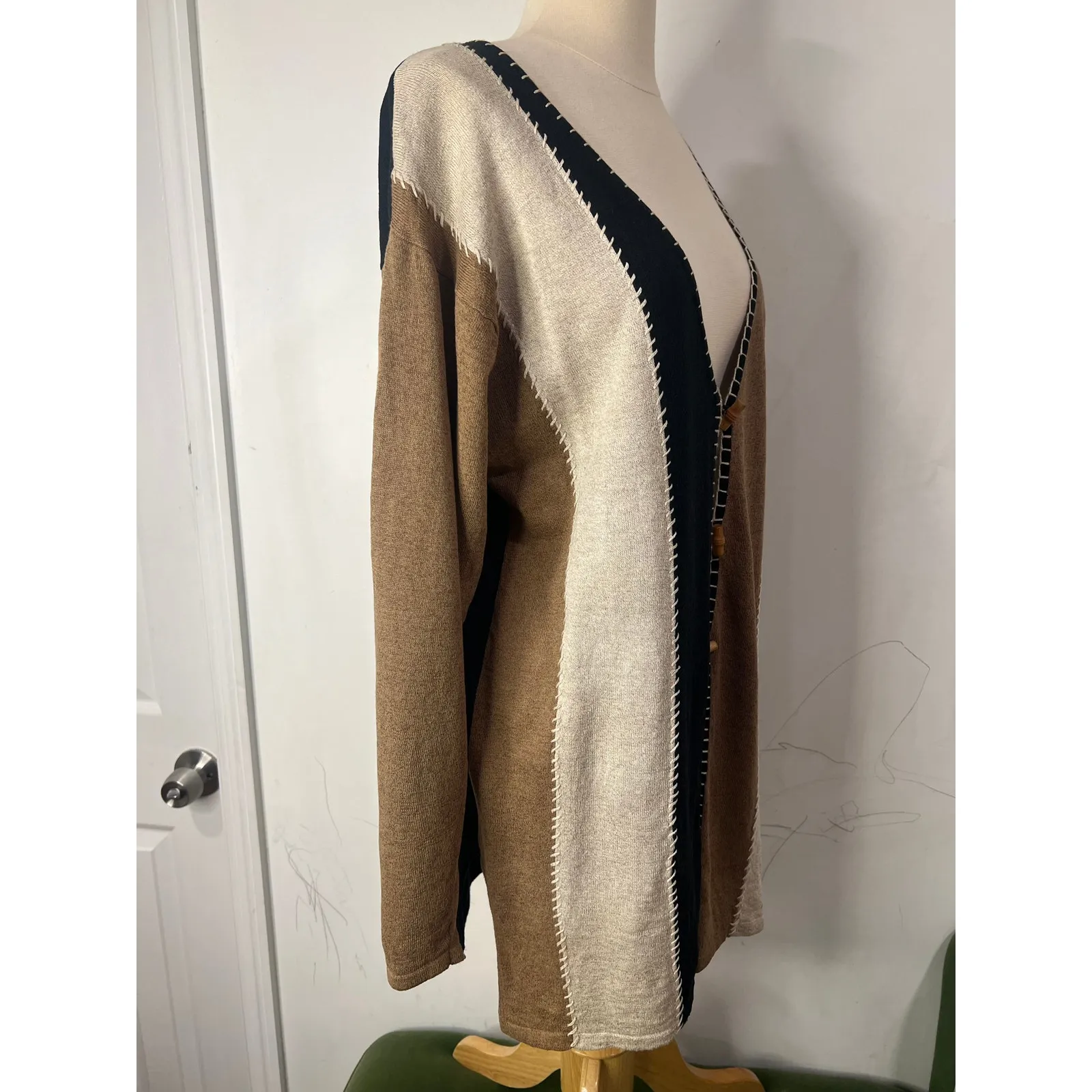Women’s Vintage Boho Marissa Christina Linen Cardigan Small Black Brown Cream - Image 3