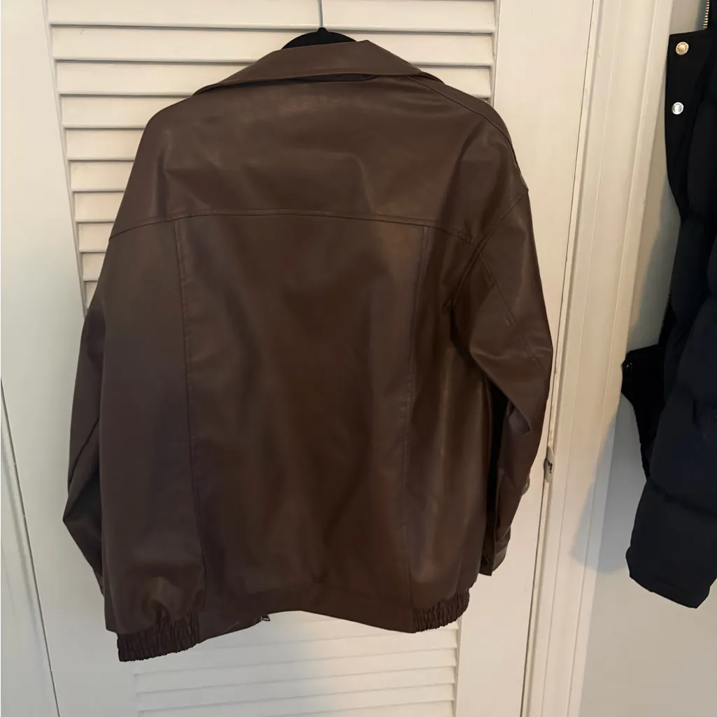 Brown Leather Bomber Jacket Size L - Image 4