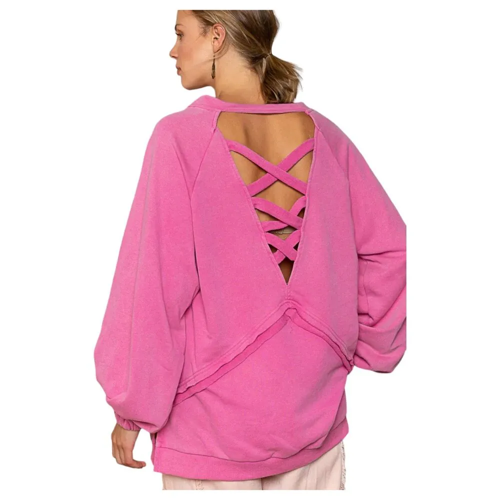 POL Annely Pullover Cut Out Sweatshirt Puff Sleeve Oversized Pink Small NEW - Image 3