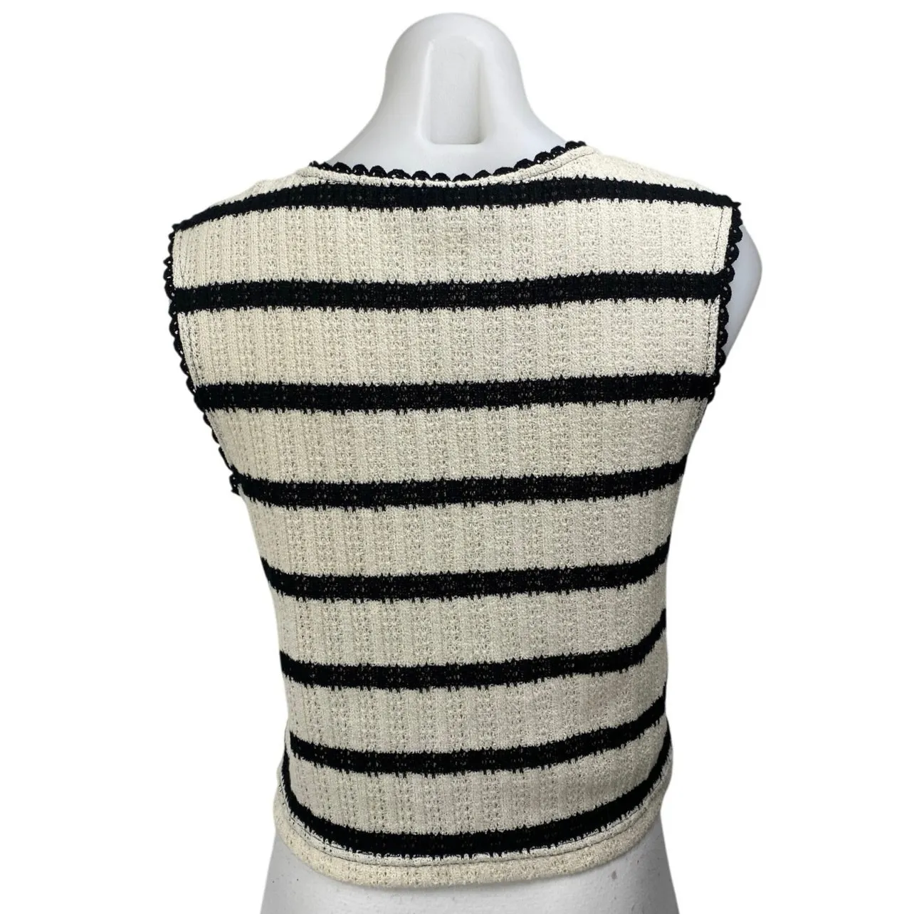 MNG Mango Women's Cream Black Striped Crochet Knit Sleeveless Crop Tank Top Sz S - Image 2