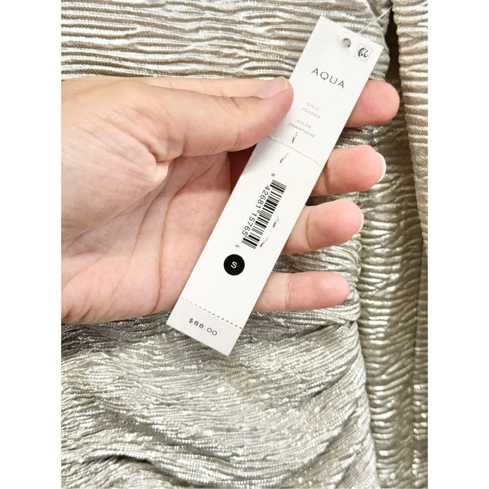 Aqua Metallic‎ Dress Size Small V Neck Crinkled Shimmer Ruched Long Sleeve NEW - Image 9