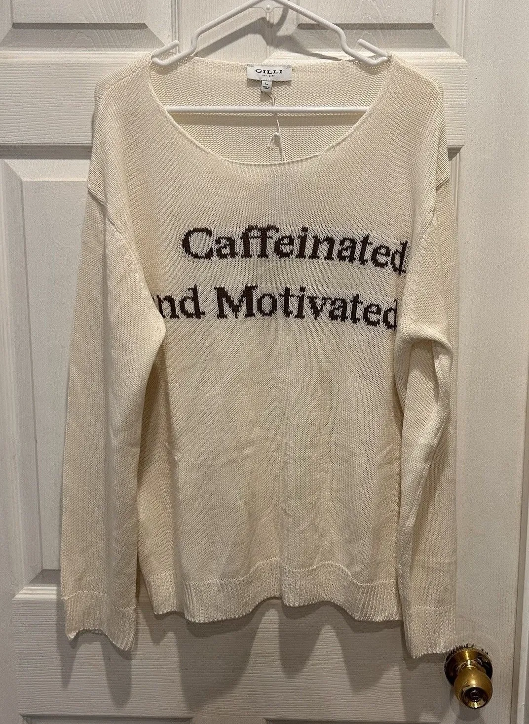 Gilli Embroidered Caffeinated Crewneck Sweater Womens Large NWT Oversized White - Image 1