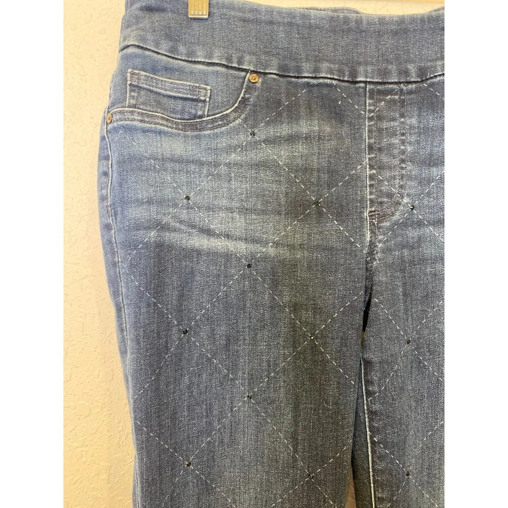 Chico’s Pull On Denim Dark Blue Wash Jeggings EUC Sz 4R Rhinestones Argyle Print - Image 2