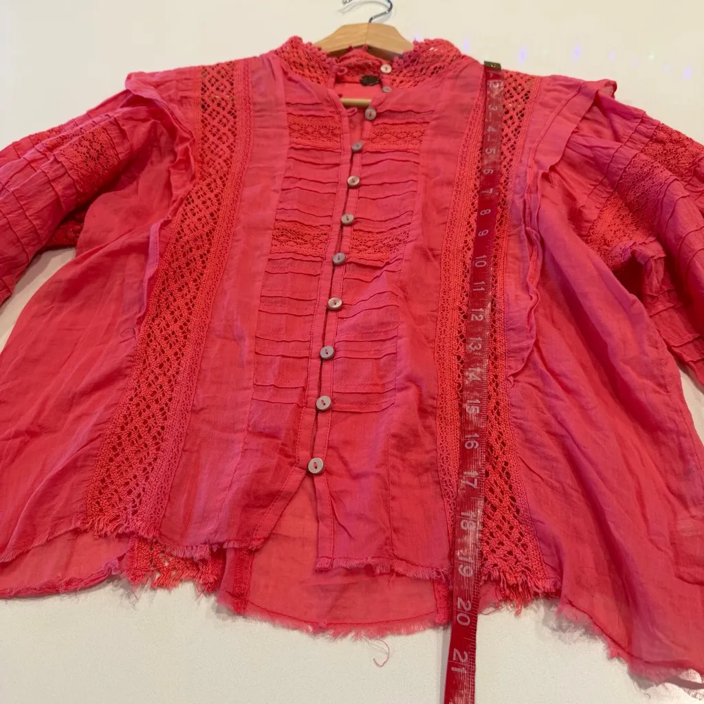 Free People Rosalind Pink Cotton Crochet Blouse Size Small - Image 5