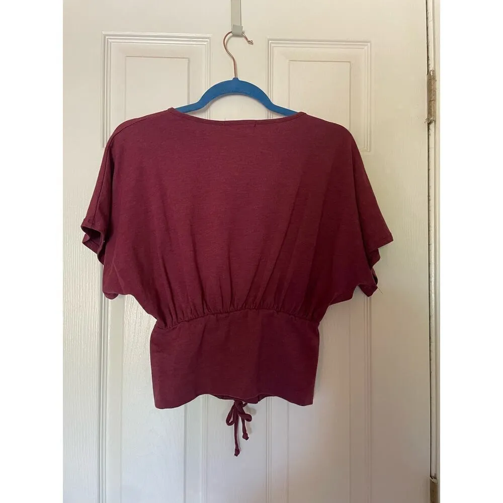 Skonhet Women Shirt Tie front corset crop Sz M burgundy Short Sleeve Top casual. Red Size M - Image 2