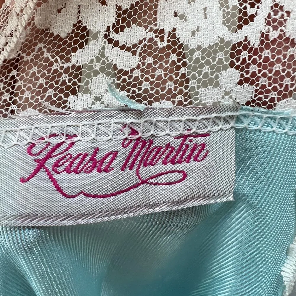 Vintage Reasa Martin Lace Satin Shiny Robe Aqua Blue Size L 1/2 Sleeve Sheer Size L - Image 7