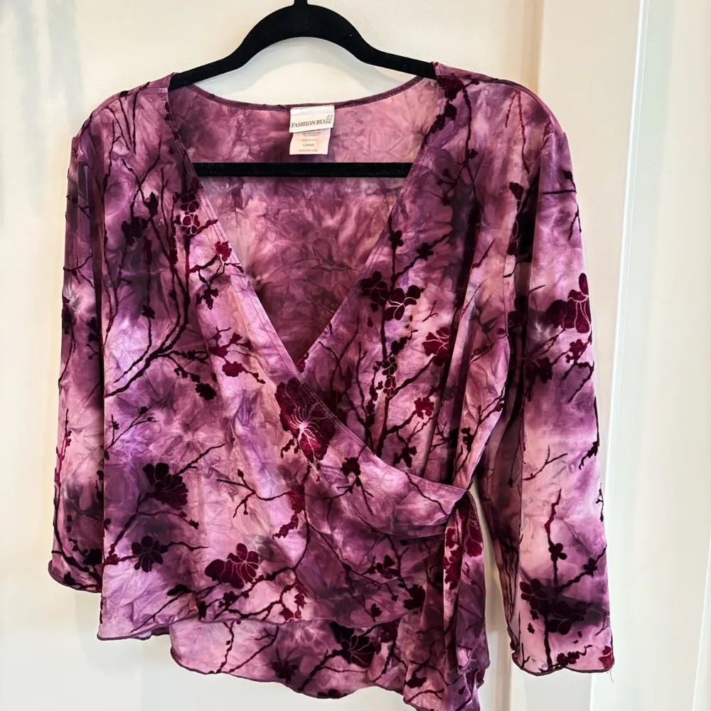 Y2K 90's Whimsical Tie Dye Floral Velvet Mesh Women's Faux Wrap Top Size Large - Image 2