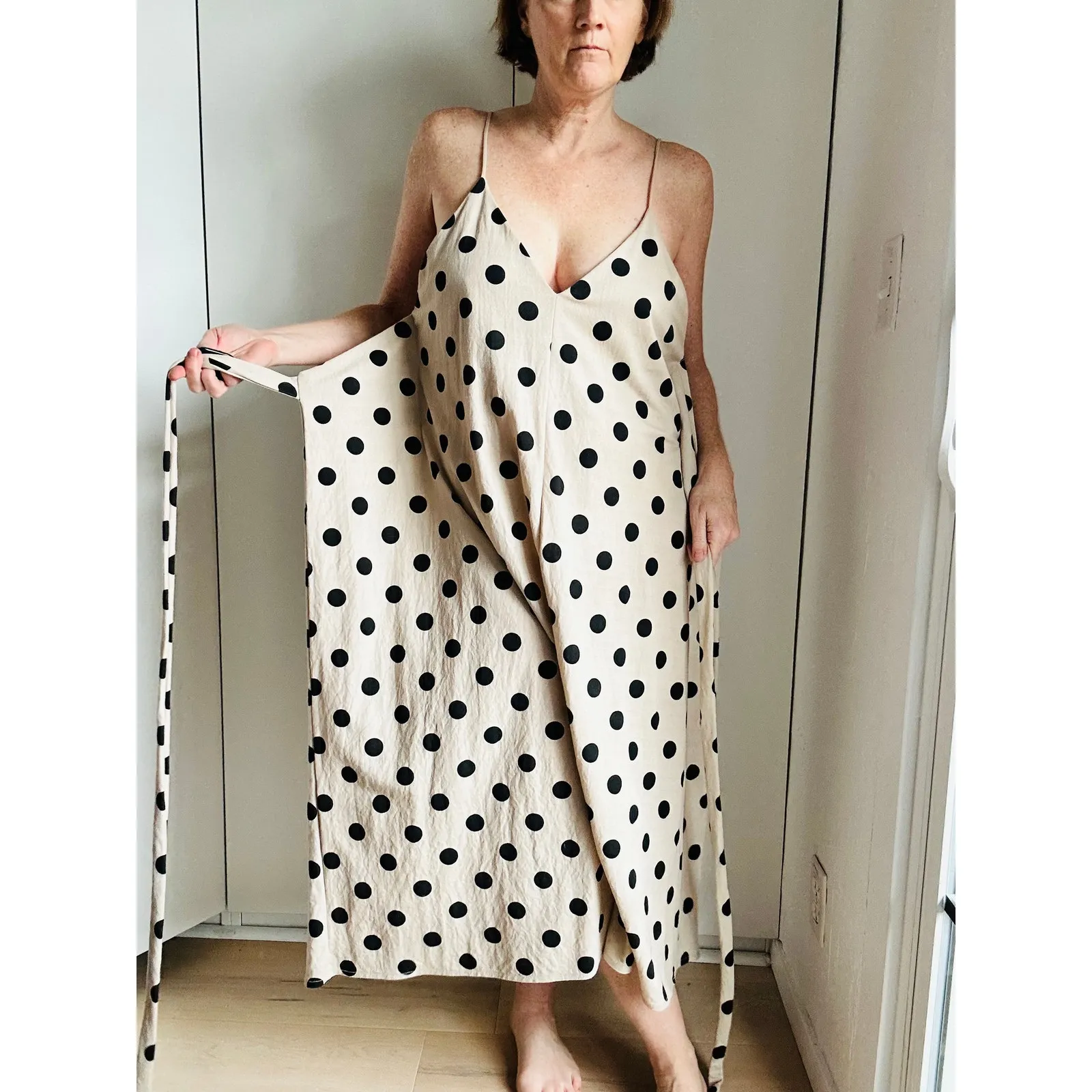 ZARA Womens Polka Dot Tank Dress Size M Neutral/Black Midi Tie Vaca Vibes - Image 6