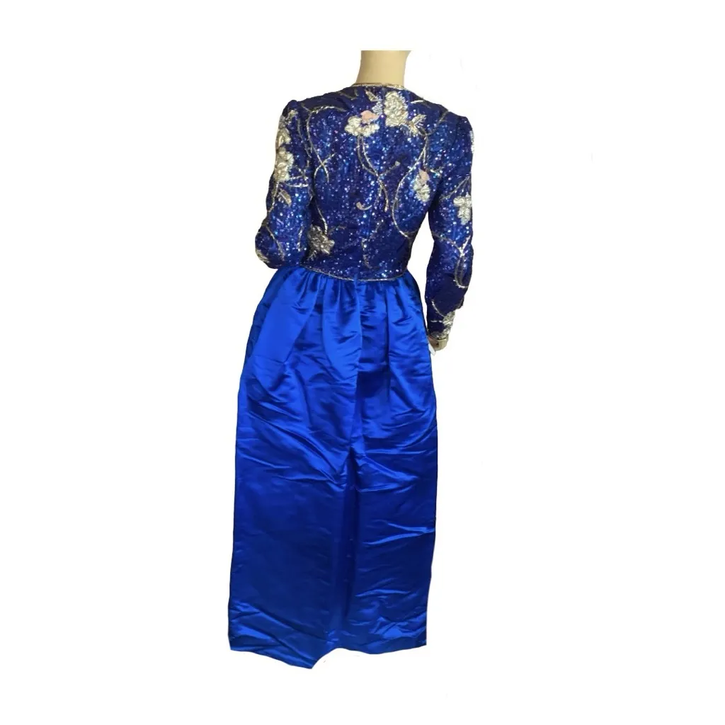 RICHILENE VINTAGE 1980'S BLUE, CREAM & GOLD SEQUIN & SATIN GOWN (S) Blue - Image 5