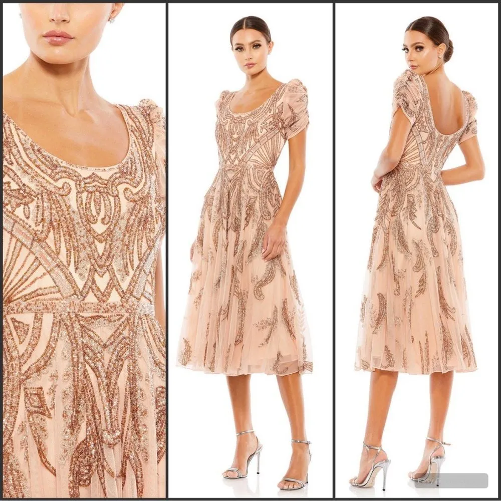 MAC DUGGAL  5434 Short Sleeve Beaded A-line Tea Length Dress - Image 2