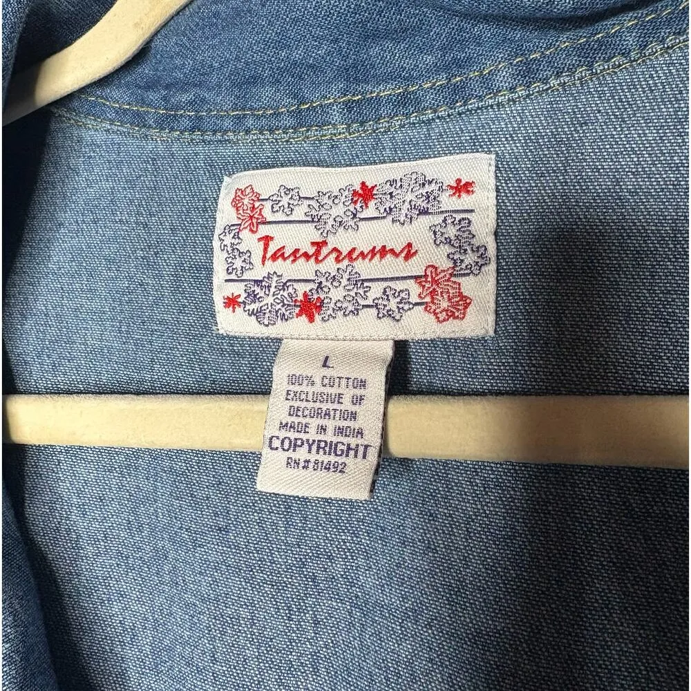 Tantramz Vintage Denim Patchwork Christman Button Up Shirt Lg Blue - Image 3