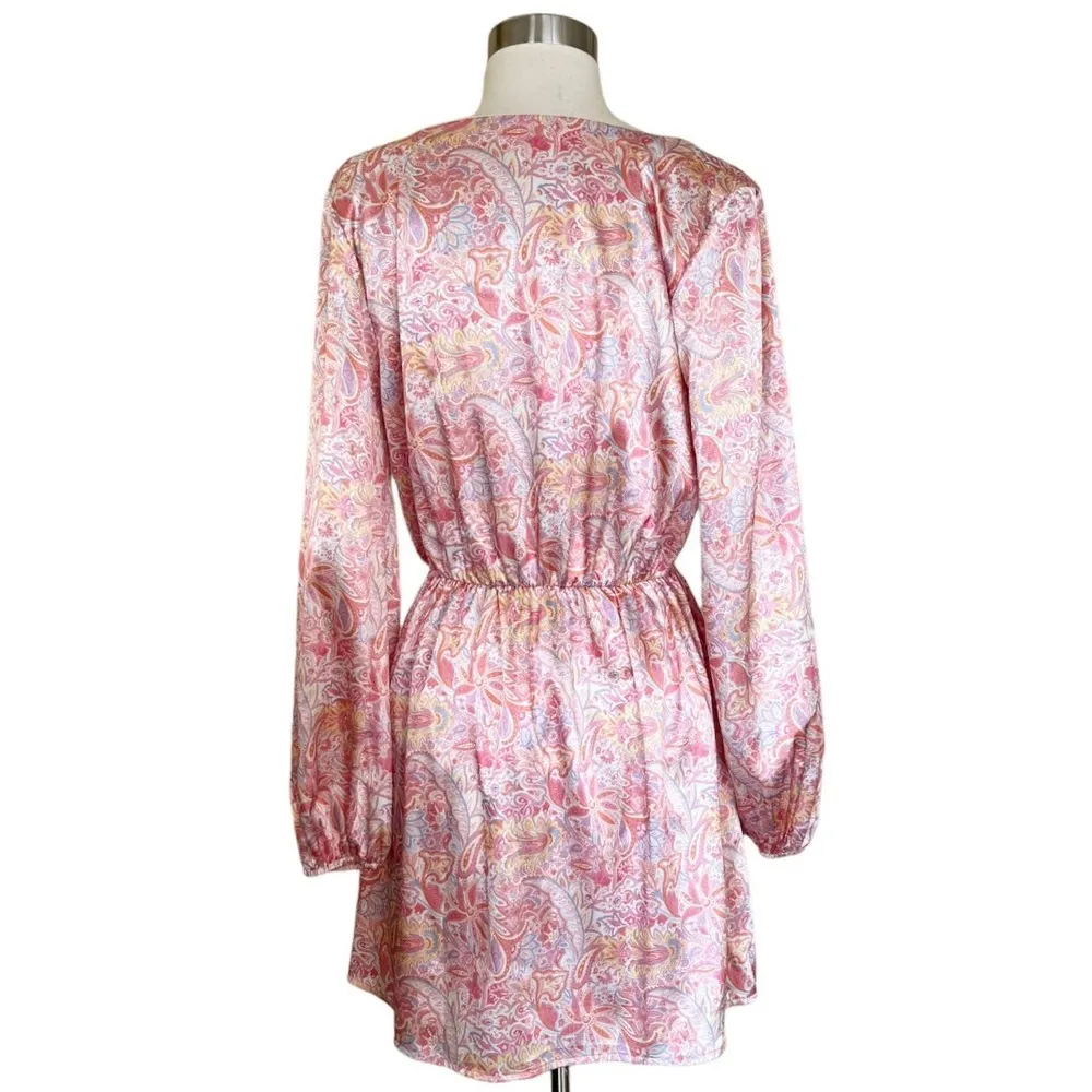 PEACH LOVE Mini Dress Pink Paisley Puff Sleeves Faux Wrap Elastic Waist Medium - Image 9