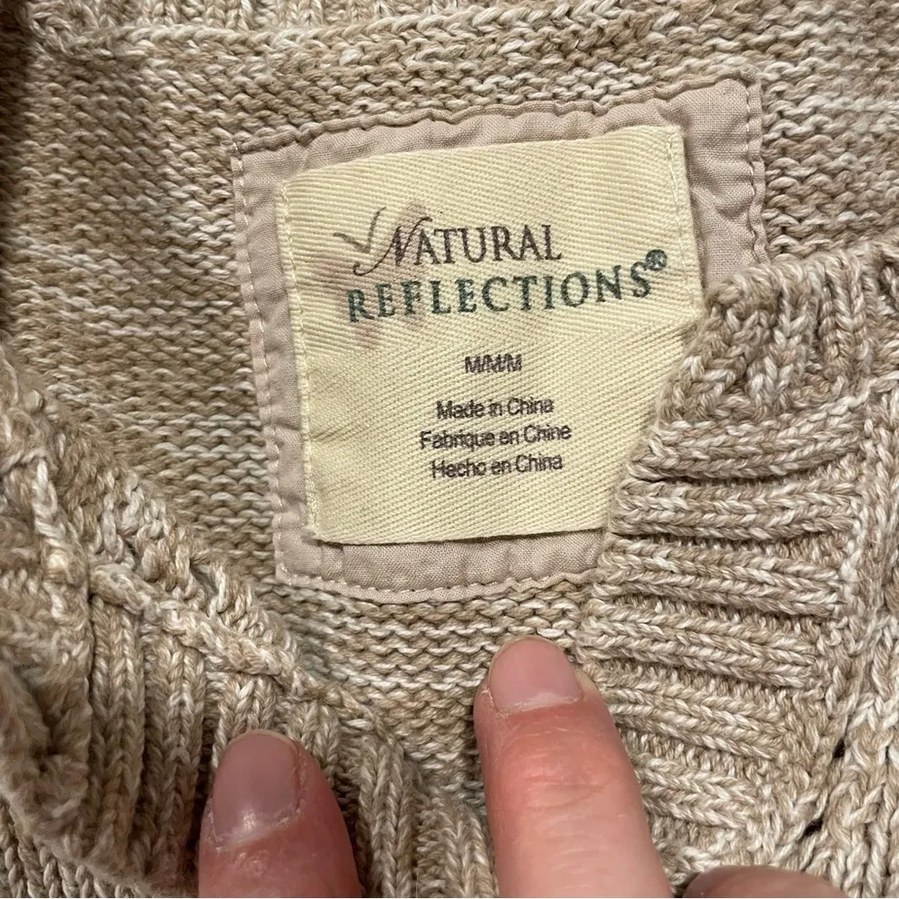 Cute tan camel white marked henley chunky button sweater roll hem - Image 10