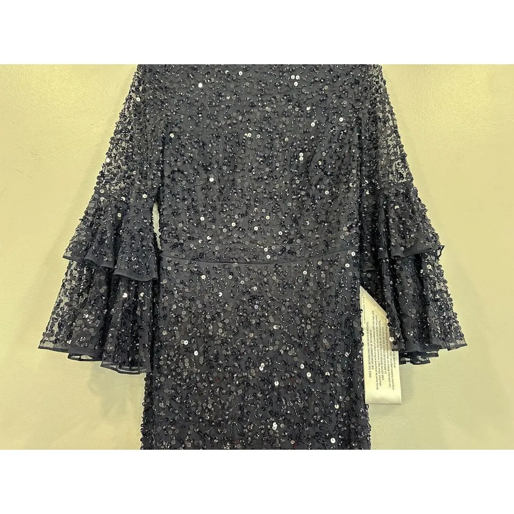 Mac Duggal 10802 Fully Sequined Ruffle Tiered 3/4 Sleeve Midi Dress Navy 4 NEW - Image 4