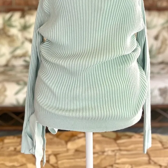 NWT Hem & Thread Sweater Cold Shoulder Ribbed Green Tie Hem S Dressy Party Mod - Image 10