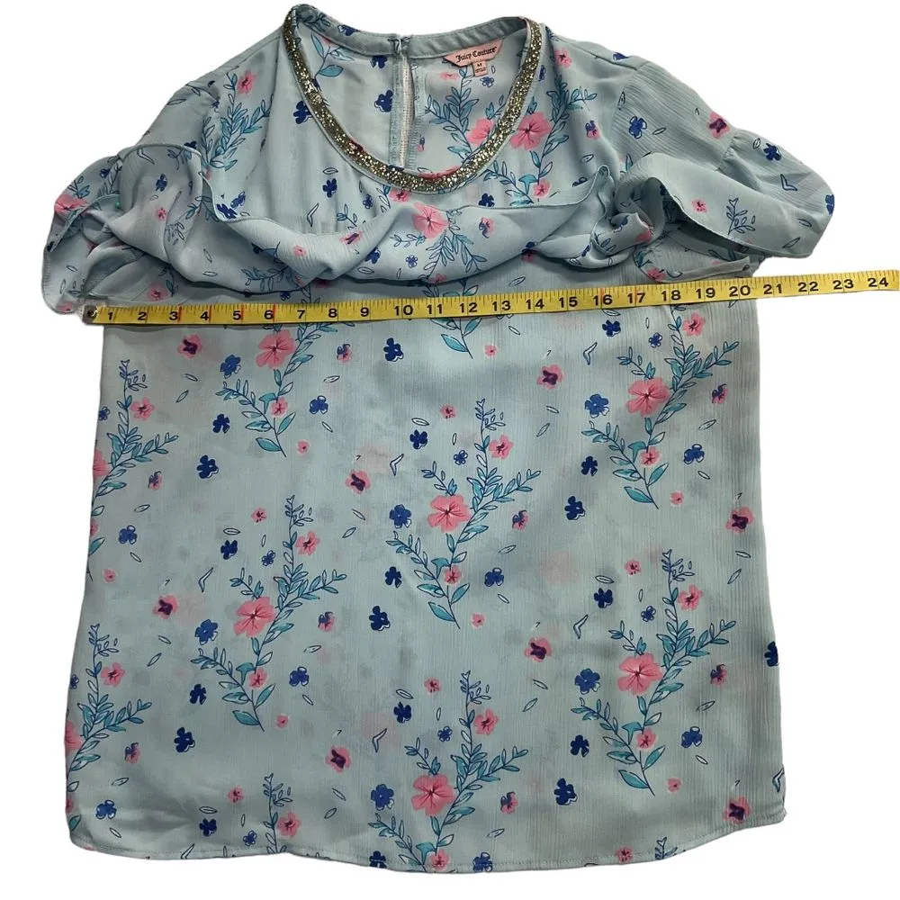 Juicy Couture Blue Floral Ruffle Rhinestone Jewel Neck Blouse Size M‎ Vintage - Image 7