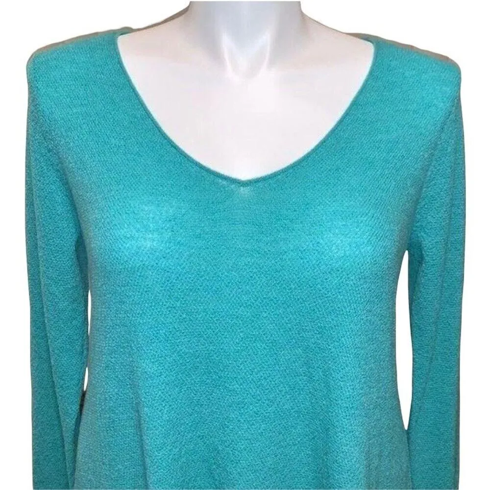 Eileen Fisher Womens Sweater Wool Pullover V Neck Asymmetrical Teal Green Large - Image 2